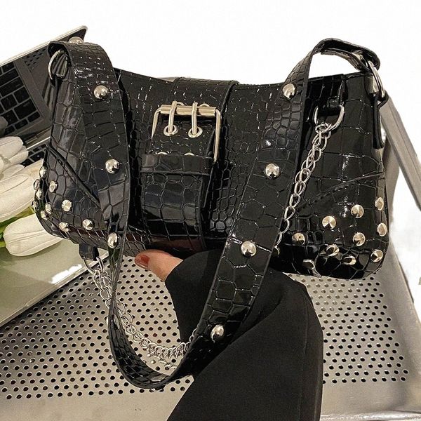 Y2K Vintage Gothic Cool Shoulder Tote bolsas Damas Bolsas de honda de cuero Girlas de roca Cierras de bolsillo de bagutte casual V6FG#