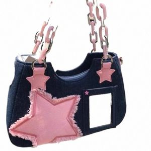 Y2K Vintage Corea Fi Shoulder a la altura Harajuku Star Tote Cadena de bolsas de mezclilla Bolsas de dama Zip Bolsos de mosaico Mujeres 56MU#