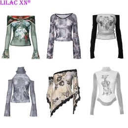 Y2K Vintage Lace Mesh Zie door T-shirts met lange mouwen Sexy Butterfly Floral Print Off-Shoulder Summer Tops Fashion Women Tees 240506