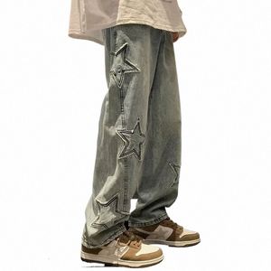 Y2K Vintage Hommes Coréen Bleu Streetwear Oversize Star Esthétique Pantalon Droit Large Jambe Jeans Grunge Denim Pantalons Femmes Vêtements 39KE #