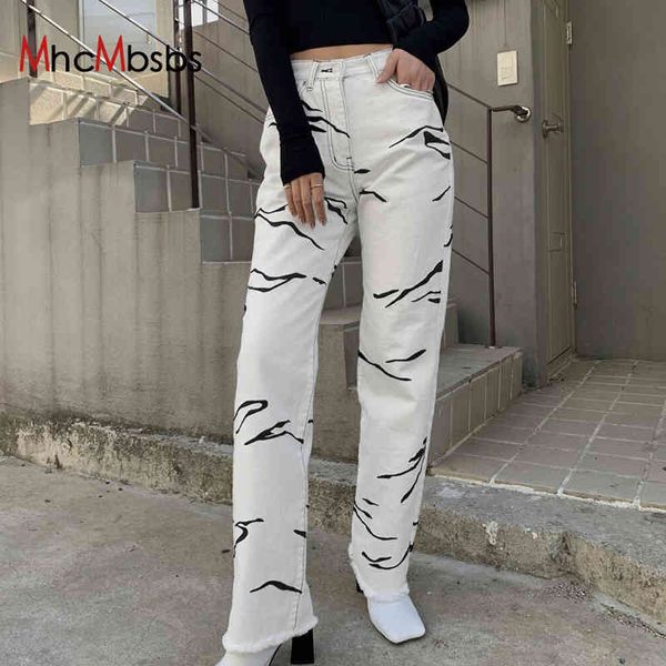 Y2K Blanc Baggy Jeans Femme Taille Haute Imprimé Lâche Droite Denim Pantalon Coréen Mode Vintage E-fille Vêtements Cargo Pantalon 210517