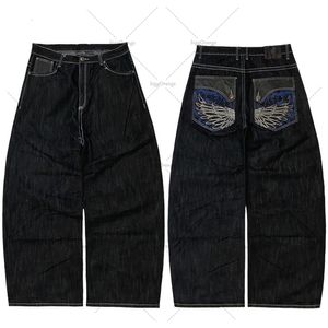 Y2K Wings Brodé Motif Jeans Hommes Vintage Années 90 Noir Droit Lâche Taille Haute Pantalon Surdimensionné Jambe Large Rue Japonaise 240122