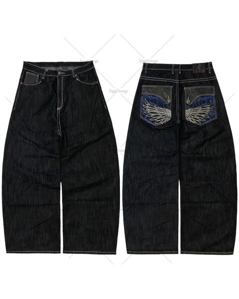 Y2K Wings Patrón bordado Jeans Hombres Vintage 90s Negro Recto Suelto Pantalones de cintura alta Pierna ancha de gran tamaño Calle japonesa 240115