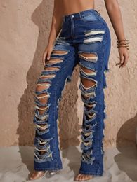 Y2K Women Street High Winist Slant Pocket Área grande rasgada con jeans largos de pierna larga 240509
