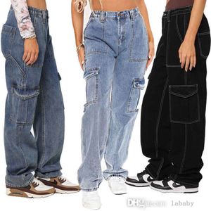 Y2k Pantalon cargo en denim pour femme Taille haute avec poches classiques, jambes larges
