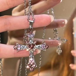 Y2k zirkon kruis ketting roze paarse liefde hart kruiskruis kettingen voor vrouwen gotische sieraden feest meisjes accessoires 2023
