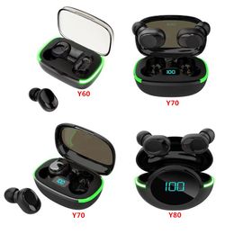 Y60 TWS LED Flash-oortelefoon Y70 Y80 Power Display Stereo Hi-Fi Music Wireless Bluetooth 5.1 Headset Sport Gaming Headpone voor alle smartphone iPhone 14 Earbuds