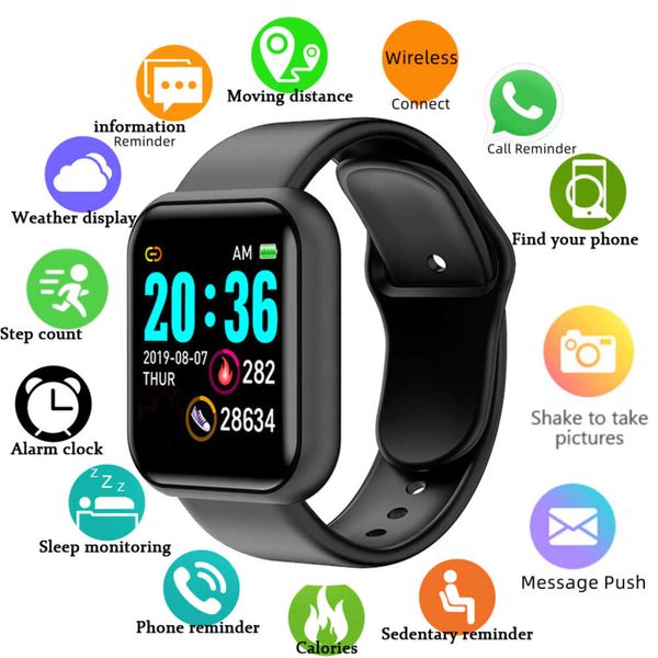 Y68 reloj deportivo Fiess Tracker Monitor de ritmo cardíaco para adultos niños reloj inteligente pulsera inteligente D20 recordatorio de llamada música