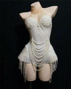 Y74 Blanc Perles Sans Manches Body Partie Perle Scène Porter Costumes De Danse Femme Robe De Soirée Tenues DJ Combinaison Courte Club Pe7972995