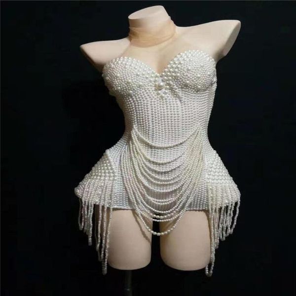 Y74 Blanc Perles Sans Manches Body Partie Perle Stage Wear Costumes De Danse Femme Robe De Soirée Tenues DJ Combinaison Courte Club QE2242
