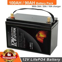 Batterie au Lithium Lifepo4, 12V, 90ah, étanche, Rechargeable, 100ah, avec chargeur 10a, 20a, 30a, pour bateau à moteur, camping-car, voiture