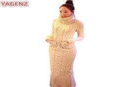 Yagenz Automne Winter Womens Vêtements Trièce Robe pull de mode Long Section Femmes High Coll Long Mancheur Pull Robe 5445555425