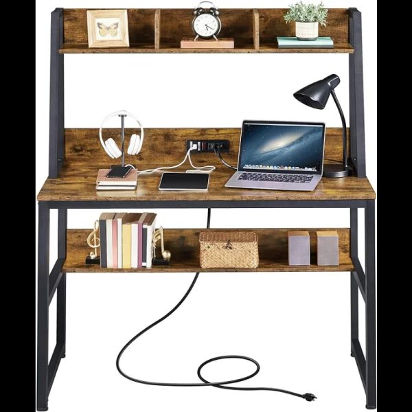 Yaheetech 47 dans le bureau d'ordinateur moderne avec prises de courant et 2 ports USB, bureau d'écriture d'étude à domicile avec huche et bibliothèque