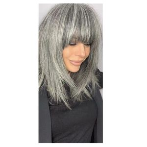 Yaki permanenté sel et poivre gris perruque droite de cheveux humains fait à la machine gris argenté sans colle pour les femmes noires tuant gracieusement