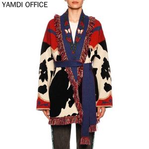 Yamdi herfst winter vest trui vrouwen katoen borduurwerk sjaal revers print floral boheemse dikke jumper gebogen trui 201128