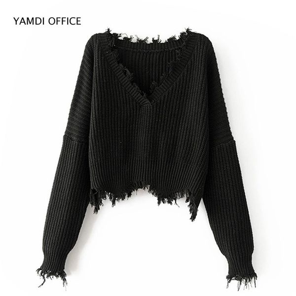 Yamdi mujeres borla suéter otoño invierno sólido naranja blanco negro suéteres recortados puentes v cuello sexy jersey de punto 211103