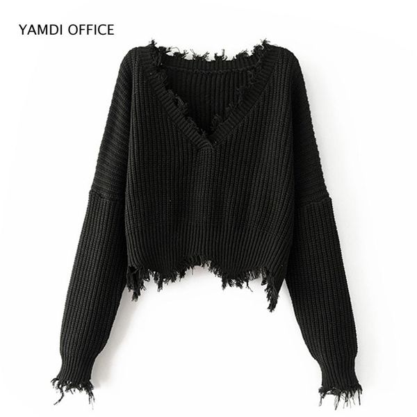 Yamdi Women Tassel Sweater Autumn Winter Solid Orange White Sweaters Black Sweaters Curtped Juques V Cuellover Sexy Knited 211007