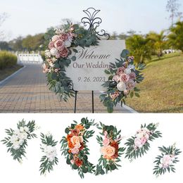 Yan Artificial Wedding Arch Flowers Kit Boho Dusty Rose Blue Eucalyptus Garland Drapes For Decorations Welcome Sign 240422