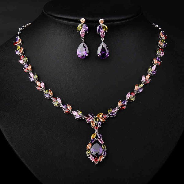 YAN MEI 3 couleurs Mona Lisa Marquise ovale pierre cubique zircone collier et boucles d'oreilles ensemble de bijoux de mariage GLN0127