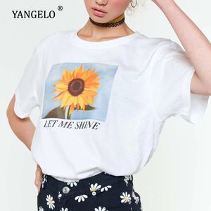 Yangelo laissez-moi briller tournesol imprimé T-Shirt femmes T-shirt décontracté femme hauts fille esthétique unisexe t-shirts coton grande taille 2020