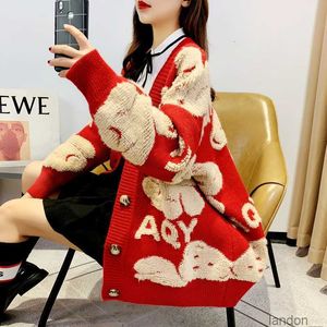 Yangqi – Cardigan rouge pour femme, pull-over, manteau, tricot ample, dessin animé petit ours, Version coréenne, printemps et automne, 2021