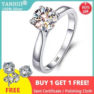 YANHUI avec certificat 18K bague en or blanc mariée bijoux de mariage rond 2 carats bande de fiançailles femmes cadeau gratuit obtenir boucles d'oreilles 211217