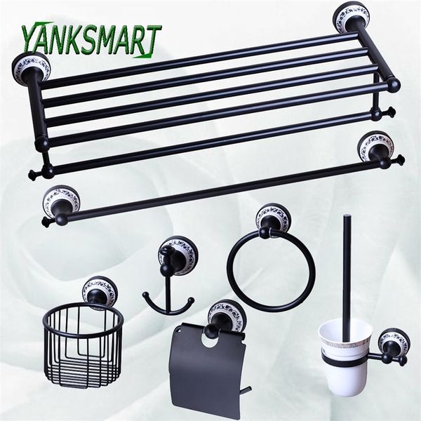 Yanksmart Black Solid Brass Cerámica Estante de baño Jabonera Soporte de inodoro Toallero Soporte de papel Accesorios de baño Hardware LJ201209