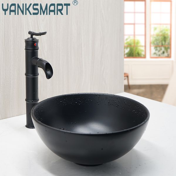 Yanksmart salle de bain ronde noire en céramique de comptoir bol évier cascade robinet bassin souhaits mixage de vidange pop-up kit combo de robinet d'eau