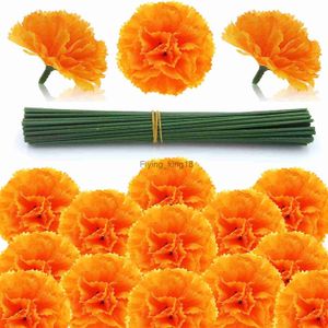 Yannew 50pcs fleurs de souci artificielles avec tige bouquet de fleurs en vrac pour Halloween jour des morts Diwali décor bricolage couronne artisanat HKD230829