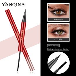 Yanqina dubbele kop twee in één eyeliner snel drogende waterdichte make -up krullen en slank oog zwart
