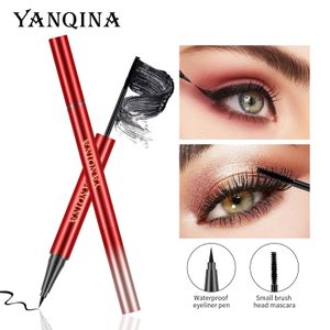 Yanqina-rímel delineador de ojos de doble cabezal, 2 en 1, resistente al agua, no se mancha, cabezal de cepillo pequeño, rizo grueso