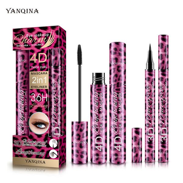 Yanqina Leopard Black Liquid Eyeliner + mascara 2pcs dans 1 séchage rapide étanche non-tache anti-tache à crayons de maquillage de crayon 8836 #