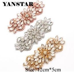 Yanstar 5pcs entièrement 125cm Clear Rose Gol Crystal Righestones Appliques Patch pour la ceinture de robe de mariée YS8475190525