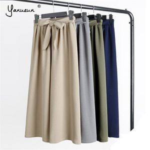 Yanueun Primavera Verano Oferta Pantalones de pierna ancha sólidos Lazo suelto Hasta el tobillo Mujer Cintura alta con estilo 211115