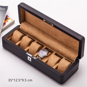 Yao 6 Fentes En Fibre De Carbone Montre Organisateur En Cuir Montre Boîtes Cas Noir Affichage Bijoux Cadeau Cas Avec Serrure T200523