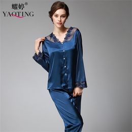 YAO TING Vrouwen pyjama tweedelige broek met lange mouwen Kant decoratie zijden doek vrijetijdsbesteding homewear v-hals ontwerp nachtjapon 201217