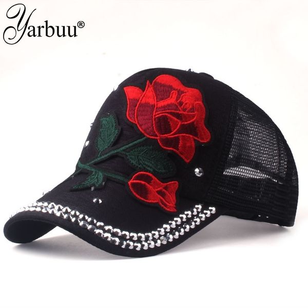 [YARBUU] Brand New Rose Gorras de béisbol Mujeres Snapback Cap Pasta de verano Flor Net Cap Rhinestone Hat Primavera Hip Hop Sombreros Hueso Y200714