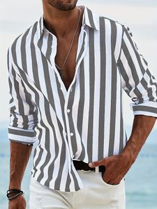 Tissu à rayures teintes de fil Shirts de printemps lavés Homme Habille des chemises à rayures verticales Tops Summer Casual Hawaiian Beach Bouton Down Down Shirts imprimés pour hommes Plus taille