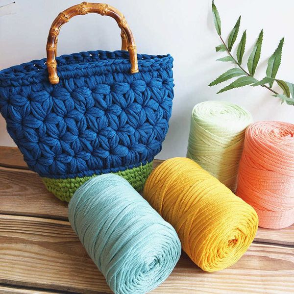 Fil couleur unie T-shirt 8.1OZ tricoté Pet grotte panier crochet tissu motif coloré fil bricolage sac sac à main P230601