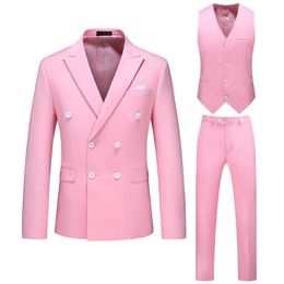 Yasuguoji 2021 Nieuwe herenpak 3 stuks dubbel-breasted notch revers flat slim fit casual smoking voor bruiloft (blazer + broek + vest) x0909