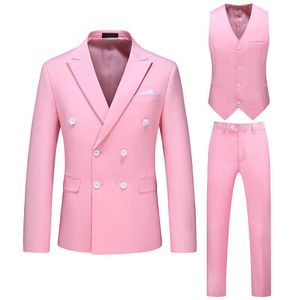 YASUGUOJI 2021 nouveau costume pour hommes 3 pièces à double boutonnage revers cranté plat Slim Fit décontracté smokings pour mariage (Blazer + pantalon + gilet) X0909