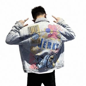 Yasuguoji Nouveau 2022 Hip Pop Hommes Denim Vestes Japonais Carto Imprimé Lâche Graffiti Veste Effilochée Manteau Fi Jean Veste Hommes U5Rc #