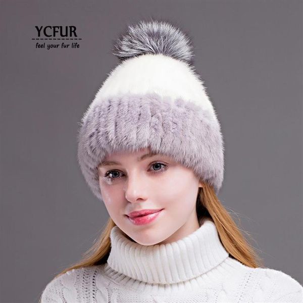 YCFUR hiver casquettes chapeaux bonnets pour femmes coudre rayures véritable chapeau casquette femme vraie fourrure bonnet chapeau avec fourrure Pom Hats255w