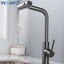 Ycrays zwarte keuken kranen grijs uittrekken rotatie waterval stroom sproeierop gootsteen mixer geborsteld nickle watertap accessorie 240325