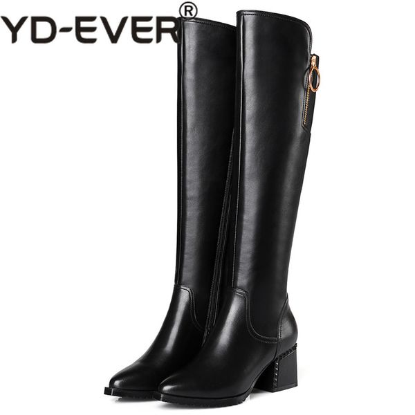 YD-EVER mode femmes sur le genou bottes hautes talons hauts en cuir véritable bout pointu chaussures de fête femme femme bottes serrées