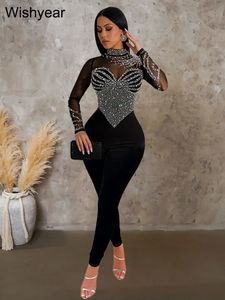 Année de luxe à manches longues patchwork patchwork hingestone skinny Jumps Femme Sexy Night Club Rompers Birthday One Piece OUfits 240510