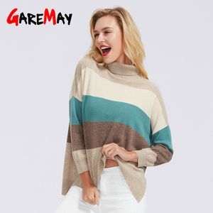 Suéter de invierno de punto de cuello alto informal con cuello redondo para mujer, jersey a rayas para mujer, jerséis de retales holgados y cálidos para mujer 210428