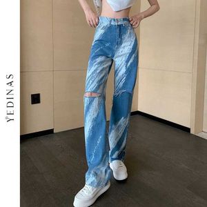 Yedinas 90s Egirl Tiedye Blue Jeans Couleur Peinture Modèle Femmes Droite Chic Bf Denim Pantalon Pleine Longueur Trou Pantalon 210527