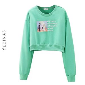 Yedinas Herfst Sweatshirt Vrouwen Causale O-hals Hoodies en Pullovers Print Green Long Sleeve Hip Hop Tops 210527