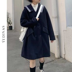 Yedinas automne hiver marine revers manteau de laine femmes mi-long doux style scolaire japonais vêtements d'extérieur femme mode pardessus 210527
